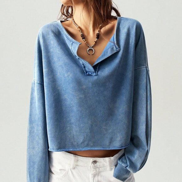 Blue Casual Women's V-Neck Long Sleeve Loose Pullover Sweatshirt - Picture 5 of 8